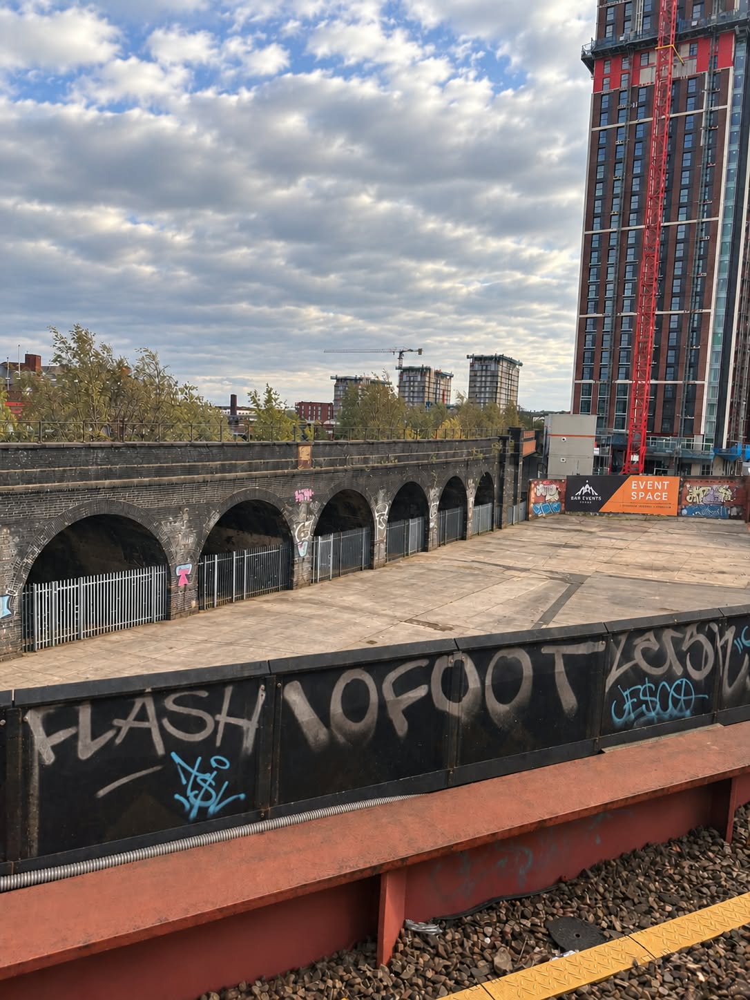 View of Temple Arches site from the tracks